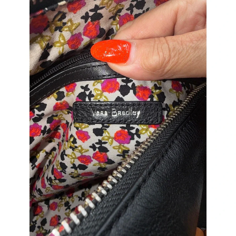 Vera Bradley Black Leather Satchel Crossbody Bag Floral Lining Tan Trim